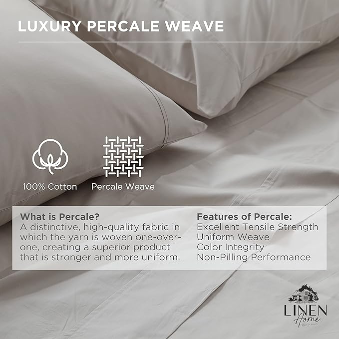 Linen Home 100% Cotton Percale Pillowcases Queen Size, Silver, 2 Pieces of Pillow Case, Crisp and Cool Strong Bed Linen, 20 inches X 30 inches