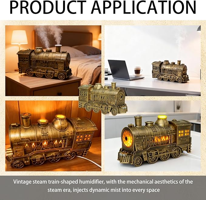 300ML Vintage Steam Train Essential Oil Diffuser & Humidifier - Dual-Color LED Night Light, 2 Mist Modes, Auto Shut-Off, Perfect Home Decor Gift for Bedroom, Office, Christmas