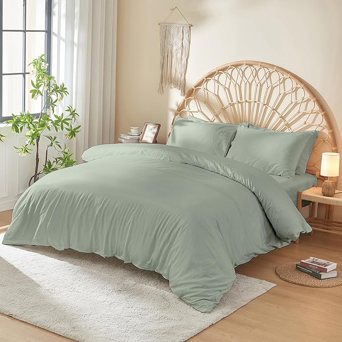 DOZ 100% Long Staple Cotton Duvet Cover Set, Soft Sateen Weave, Smooth, Breathable, Hotel Comfort, 90"x90", 8 Loops, 3pc – 2 Pillowcases 1 Duvet Cover (Sage, Full/Queen)