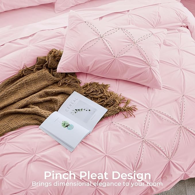 Sasttie Queen Comforter Set, 7-Piece Bed in a Bag, Pintuck Bedding Set for All Season, Includes Comforter, Flat Sheet, Fitted Sheet, Pillowcases and Pillowshams, Baby Pink