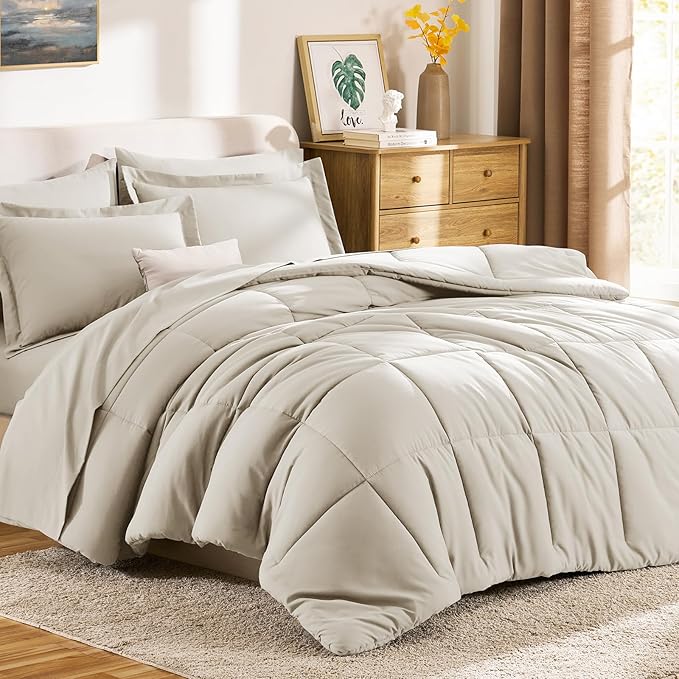 CozyLux Oversized King Comforter Sets Beige, 7 Pieces Bed in a Bag, 120x98 Box Stitched Design Bedding Set, All Season Soft Bed Set with Down Alternative Comforter, Sheets, Pillowcases & Shams