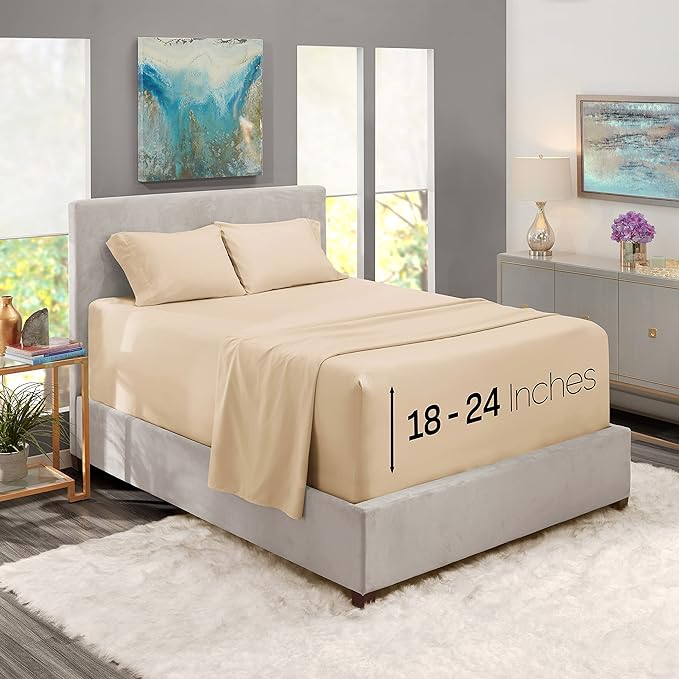 Nestl Queen Size Sheet Set, 4 Piece Extra Deep Pocket (18-24 inches), Microfiber, Hotel Luxury, Soft, Breathable, Wrinkle-Free, Easy to Care, Beige Cream
