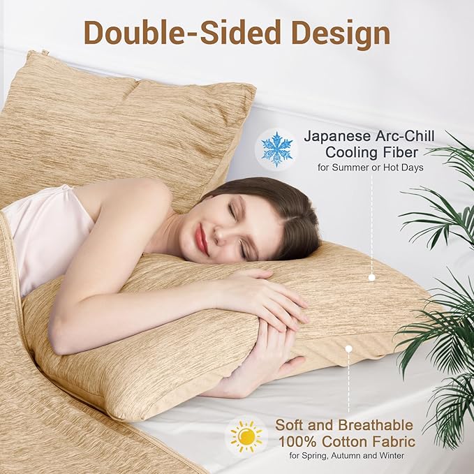 Elegear Cooling Pillow Cases for Hot Sleepers, Japanese Q-Max 0.5 Cooling Pillowcases, Both Sides(Cooling/Cotton), Breathable Soft Pillowcase for Hair and Skin, Set of 2-Beige (Queen (20'' x 30''))