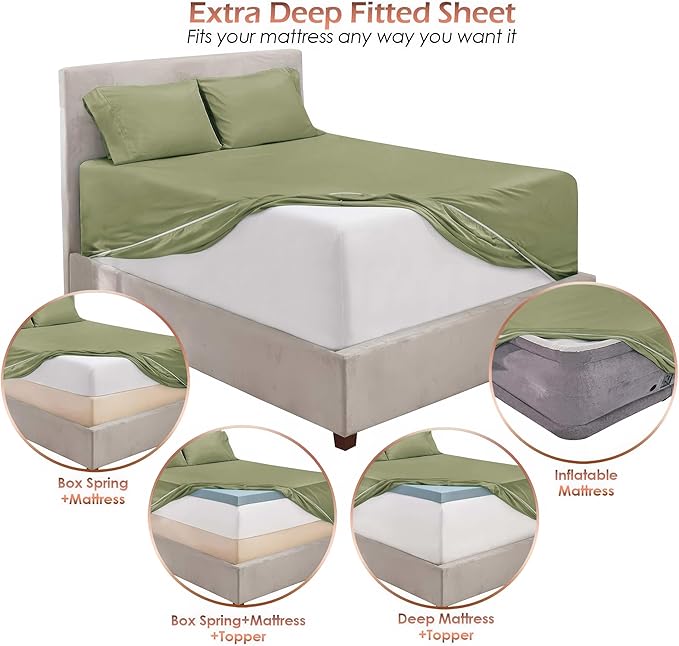 Nestl Queen Size Sheet Set, 4 Piece Extra Deep Pocket (18-24 inches), Microfiber, Cooling, Hotel Luxury, Soft, Breathable, Wrinkle-Free, Easy to Care, Sage Green New
