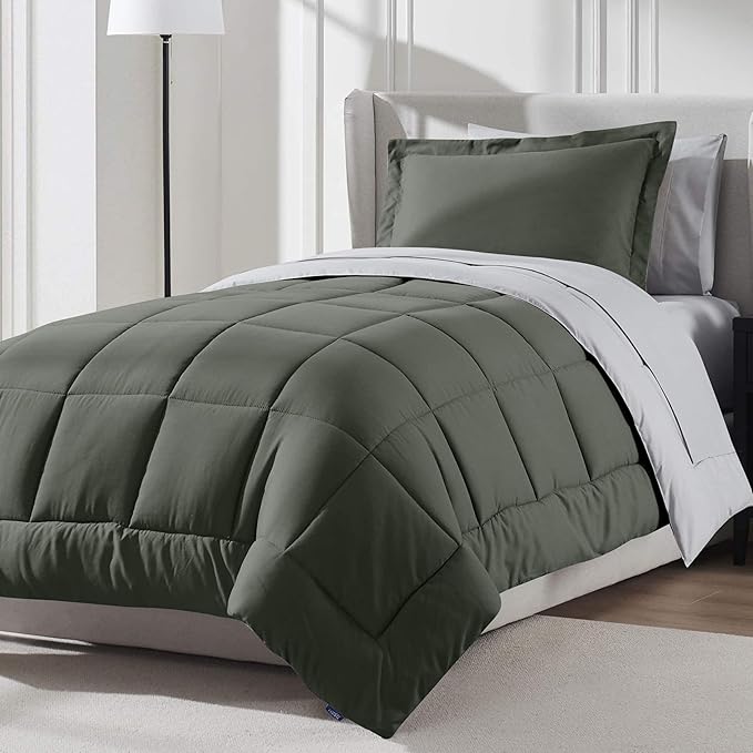 Nestl 7 Piece Twin Comforter Set – Olive Green Reversible Bed in a Bag – Complete Twin Size Bedding Set with Sheets, Set of 2 Cooling Pillows, Pillowcase and Sham