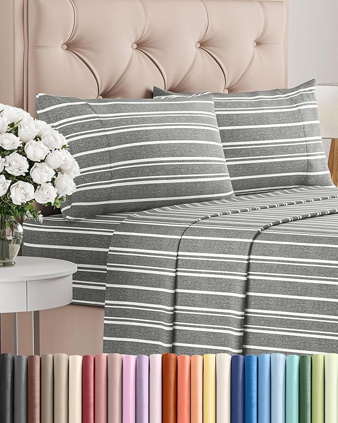 Full Size 4 Piece Sheet Set - Comfy Breathable & Cooling Sheets - Hotel Luxury Bed Sheets for Women & Men - Deep Pockets, Easy-Fit, Soft and Wrinkle Free Sheets - Grey Stripes Oeko-Tex Bed Sheet Set