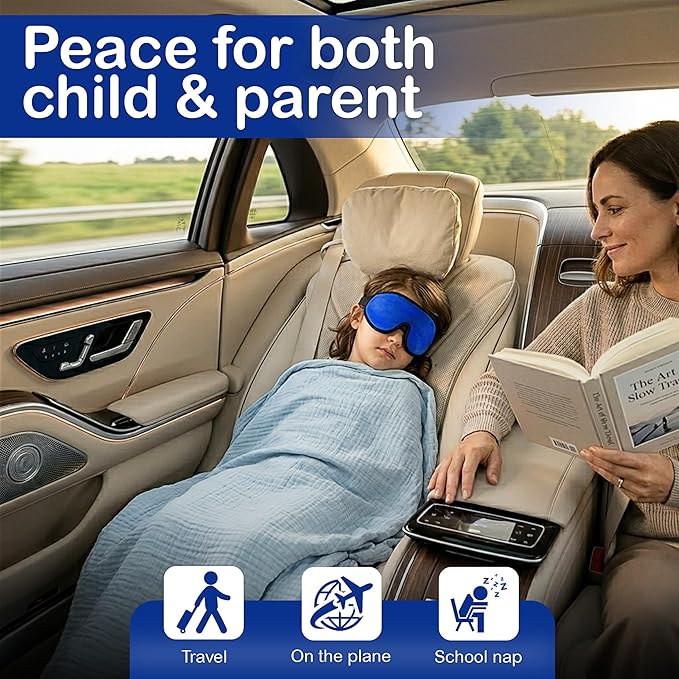 3D Sleep Mask for Kids, Light Block Sleeping Blindfold Memory Foam Contoured Eye Mask for Sleep, Adjustable Strap Eye Cover and Travel Sleep Mask for Boys Girls, Dark Blue