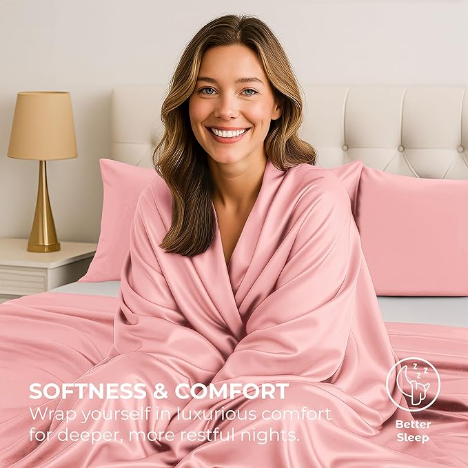 Pure Bedding Satin Sheets Full [4-Piece, Pink] Hotel Luxury Silky Bed Sheets - Extra Soft 1800 Microfiber Sheet Set, Wrinkle, Fade, Deep Pocket Fitted Sheet, Flat Sheet, Pillow Cases
