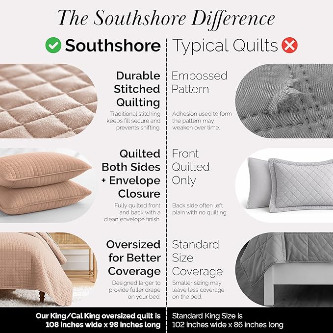 Southshore Fine Living, Inc. Oversized King Quilt Set, Stitched Blush Pink Quilt Bedspread, 2 Matching Pillow Shams, Machine Washable Cal/King Quilts, Hotel Quality Bedding, Cozy Coverlet, Blush