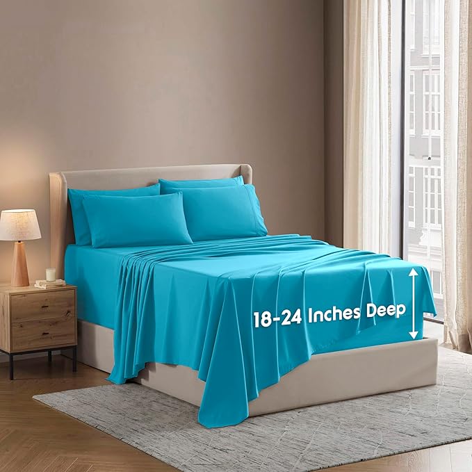 Nestl Extra Deep Full Sheet Set - 6 Piece Breathable & Cooling Sheets - Hotel Luxury Bedding Set w/18-24 Inch Deep Pockets - Easy & Secure Fit - Super Soft, Wrinkle Free & Comfy - Bright Blue