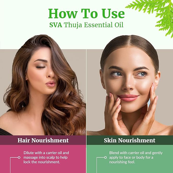 SVA Thuja Essential Oil – 1 Fl Oz – 100% Natural Thuja Oil - for Diffuser, Hair Care, Face, Skin Care, Aromatherapy, Scalp and Body Massage, Soap and Candle Making - with Dropper