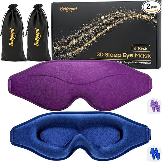 BeHoomi Sleep Mask, 2 Packs Premium Eye Mask for Sleeping, Total Blackout, Superior Soft Comfort, Upgraded 3D Ergonomic Designed Sleeping Mask for Home, Office, Travel, Meditation, Yoga, Blue & Purple
