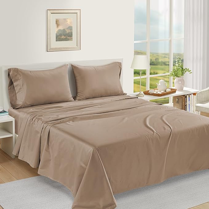 LANE LINEN Pillows Standard Size Set of 2, Soft 100% Egyptian Cotton Sateen, Cool & Smooth Pillowcases Queen - Taupe