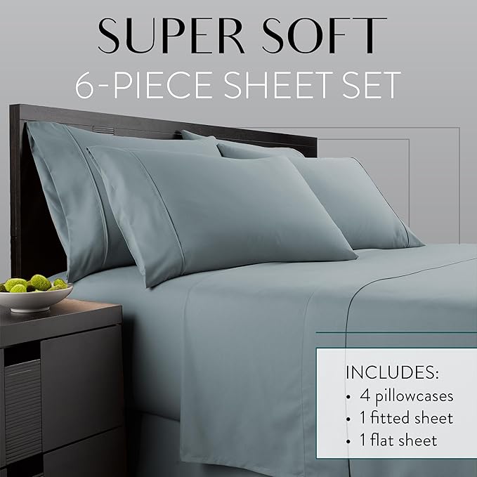 Danjor Linens Bed Sheet Set Cal King for Hot Sleepers, Hotel Premium Sheets with 4 Pillowcases, Lightweight Brushed Microfiber Deep Pockets, Breathable Cooling 6 Piece Bedding Sets, Spa Blue