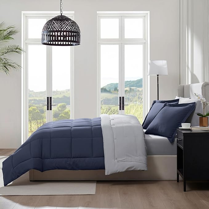 Nestl 9 Piece King Comforter Set – Navy Reversible Bed in a Bag – Complete King Size Bedding Set with Sheets, Set of 2 Cooling Pillows, Pillowcases and Shams
