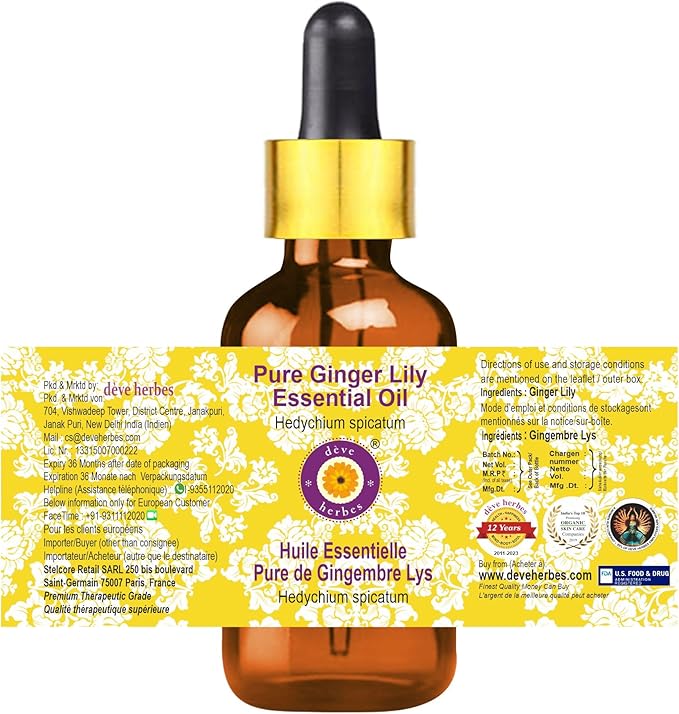 Deve Herbes Pure Ginger Lily Essential Oil (Hedychium spicatum) with Glass Dropper Steam Distilled 15ml (0.50 oz)