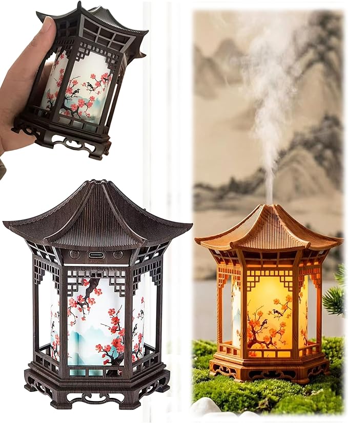 2-in-1 Aroma Diffuser & Night Light - Ultrasonic Essential Oil Diffuser & Cool Mist Humidifier with 2 Modes, Japanese Lantern Style Home Decor Diffuser for Bedroom, Office, Yoga (Dark Color)