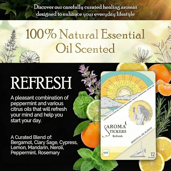 AROMA STICKERS® Original Blend Refresh Edition- 100% Natural Essential Oil Scented Mask Stickers for Face Mask & Pillow (12 Stickers/pc) -Personal Aroma/Relaxing (Pack of 1)