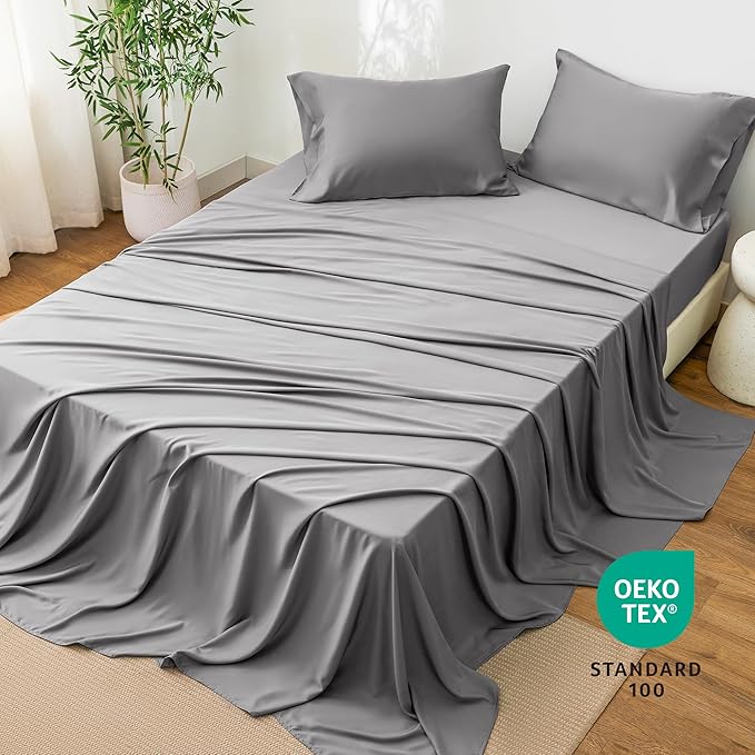 Love's cabin 3 Piece Twin XL Sheet Set, 100% Rayon Derived from Bamboo, Cooling & Breathable, Soft Silky Deep Pocket up to 16", Hotel Luxury Bedding for Hot Sleepers, Grey