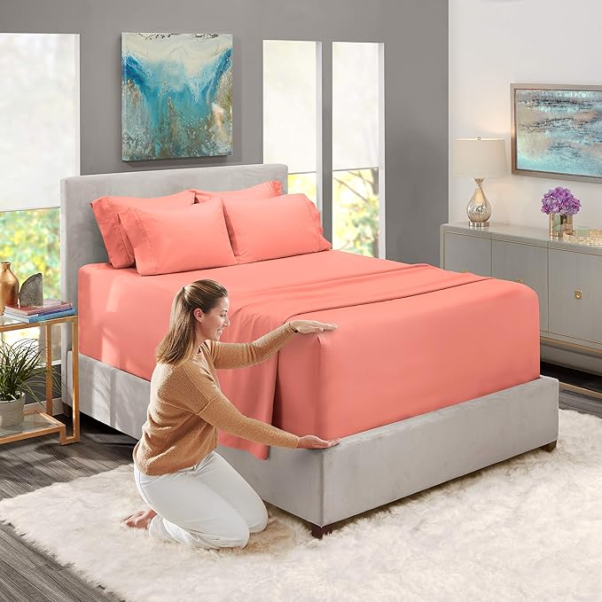 Hearth & Harbor Extra Deep Pocket King Size Sets - Fits Mattress 18-24 Inches Deep - Extra Deep Pocket Sheets - 6 Piece King Size - Misty Rose