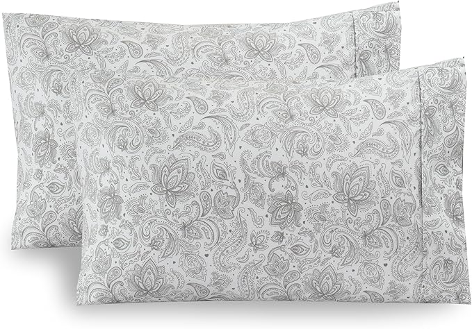 Elegant Comfort Ultra Soft Set of 2 Floral Print Pillowcases - 1500 Premium Hotel Quality Microfiber, Soft and Smooth Envelope Closure 2-Piece Pillow Covers - King, Paisley Gray