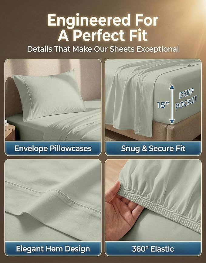 LANE LINEN 100% Cotton Twin XL Sheets Set - 600 Thread Count Premium Sateen Weave for Silky Feel On Skin - Breathable & Cooling Sheets for College Dorms & Single Beds - Oeko Tex Certified - Mineral