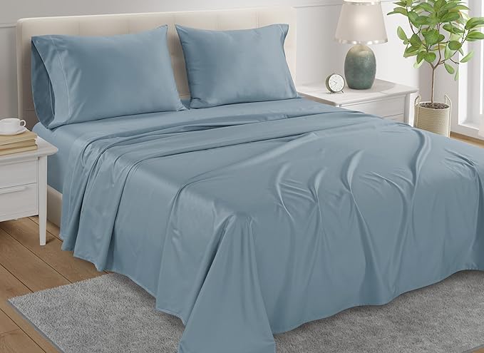 100% Egyptian Cotton Sheets For California King Size Bed, 800TC Sateen Weave CalKing Sheet Set, 15" Deep Elasticated Sheet & Pillowcase Sets, Soft & Comfy Naturally Cool & Breathable - French Blue