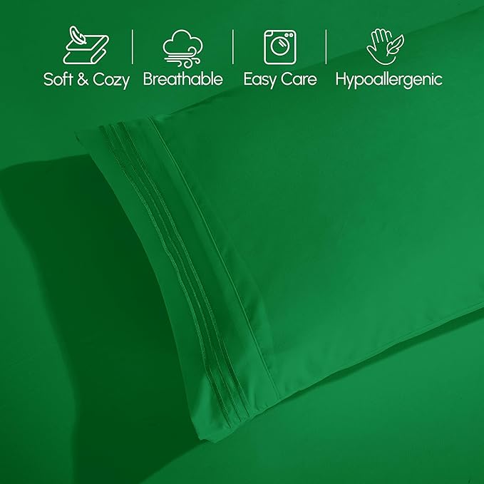 Elegant Comfort Luxurious 1500 Premium Hotel Quality Microfiber Three Line Embroidered Softest 4-Piece Bed Sheet Set, Wrinkle and Fade Resistant, King, Emerald Green