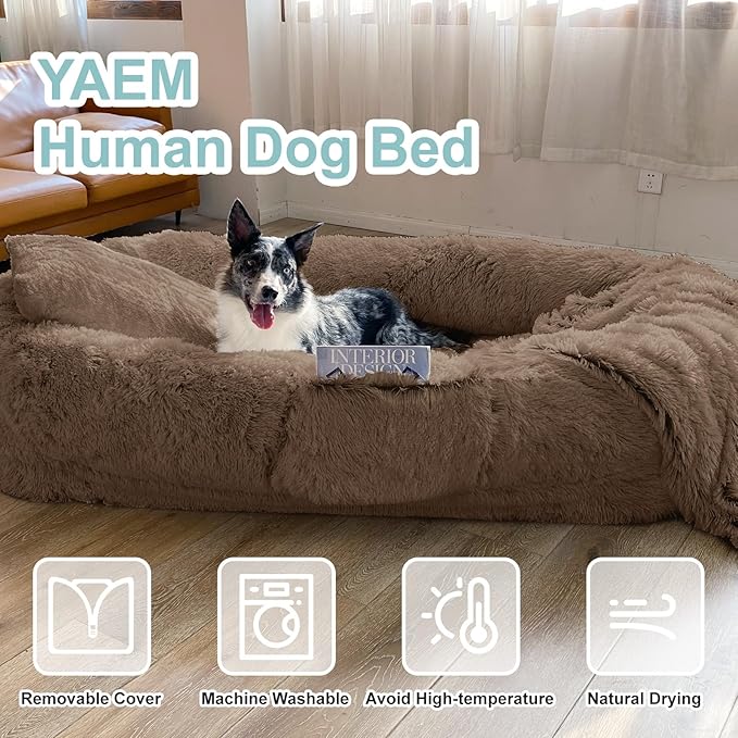 YAEM Human Dog Bed for Adult and Pets - 71"x45"x12" Dogs Beds for Humans with Washable Faux Fur Cover, Plump Pillow, Blanket, Orthopedic Design, Strap-Khaki