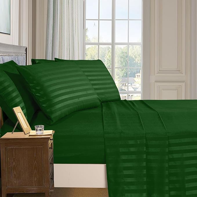 Elegant Comfort Softest and Coziest 4-Piece Sheet Set - 1500 Premium Hotel Quality Microfiber - Deep Pocket, Wrinkle Resistant 4-Piece Damask Stripe Bed Sheet Set, Twin, Hunter Green