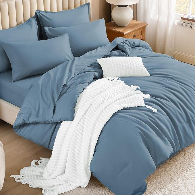 Litanika Comforter King Size Set Grayish Blue - 7 Pieces Bed in a Bag King Bedding Comforter Sets, Plain Lightweight Bed Set with Comforter, Sheets, Pillowcases & Shams