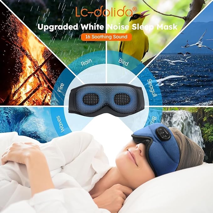 LC-dolida White Noise Sleep Mask, 3D Sleep Bluetooth Headphones with 16 Soothing Sounds, Bluetooth 5.4 Sleep Eye Mask with Timer, Total Blackout Sleeping Headphones for Side Sleeper