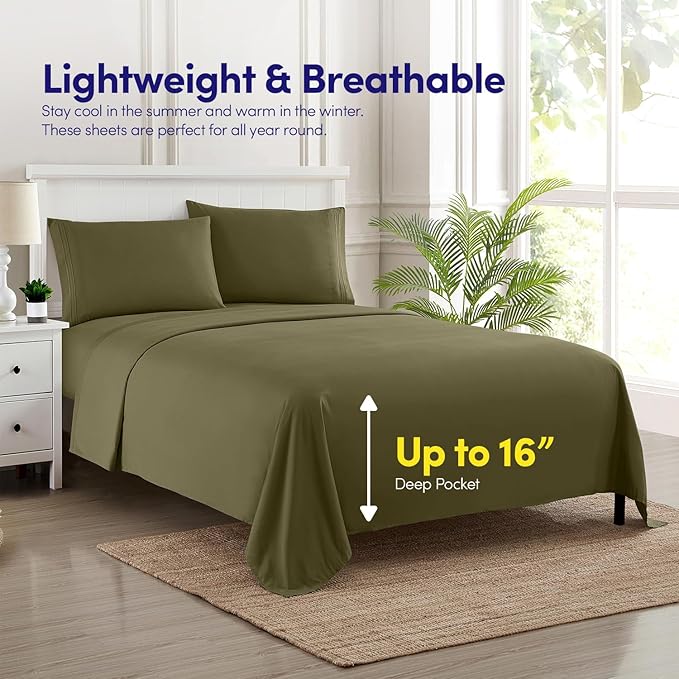 1500 Supreme Collection King Sheet Sets Olive Green - Luxury Hotel Bed Sheets and Pillowcase Set for King Mattress - Extra Soft, Elastic Corner Straps, Deep Pocket Sheets, King Olive Green