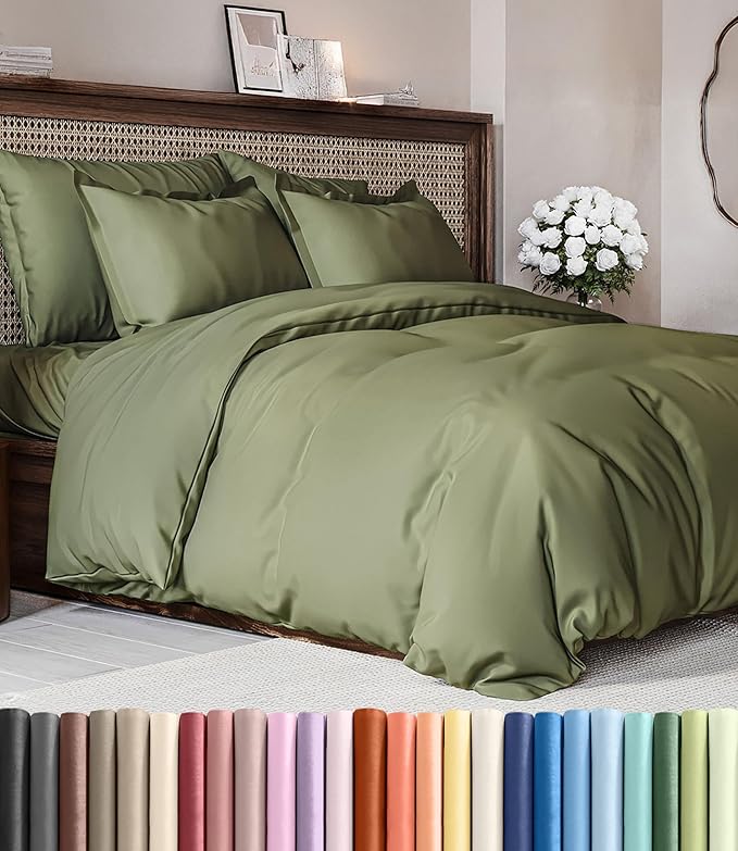 Duvet Cover Queen Size Set - Extra Soft Queen Duvet Cover 90" x 90" with 2 Pillow Shams - Hotel Luxury, Easy Care & Fade Free w/ Zipper Closures & Ties - All Season, Comfy & Breathable (Sage Green)