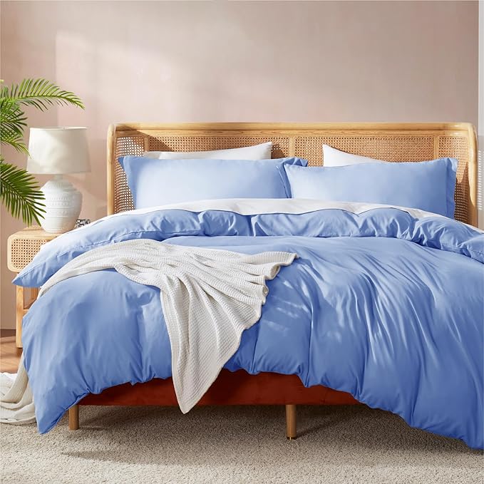 Nestl Queen Duvet Cover Set with Comforter Insert - Calm Blue 4 Piece 90x90 Duvet Cover & 2 Pillow Shams with White Quilted Down Alternative Comforter, Ultra Soft, All Season