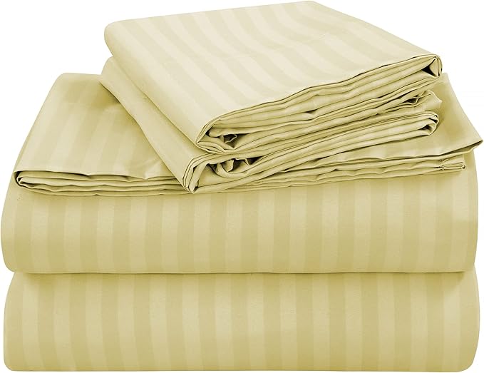 ROYALE LINENS 4 Piece Cal King Sheets Set - Soft Brushed Microfiber - 1 Fitted, 1 Flat Sheet, 2 Pillow Cases - Wrinkle Free & Fade Resistant - Hotel Luxury Bed Sheets (Stripe Beige, Cal King)