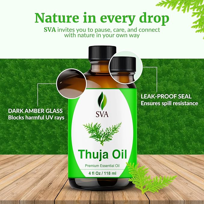 SVA Thuja Essential Oil – 4 Fl Oz – 100% Natural Thuja Oil - for Diffuser, Hair Care, Face, Skin Care, Aromatherapy, Scalp and Body Massage, Soap and Candle Making – with Dropper