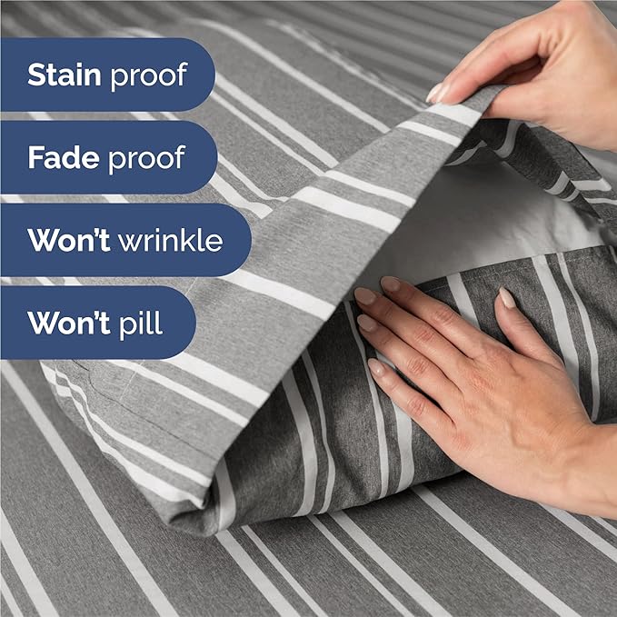 Split King Size 5 Piece Sheet Set - Comfy Breathable & Cooling Sheets - Hotel Luxury Bed Sheets for Women & Men - Deep Pockets, Easy-Fit, Soft & Wrinkle Free Sheets - Grey Stripes Oeko-Tex Bed Sheets
