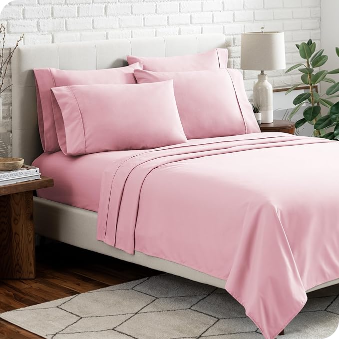 Bare Home Hotel Luxury Full XL Sheet Set, Extra Soft - 6 Piece Set - Deep Pockets - Easy Fit - Cooling & Breathable - Wrinkle, Fade, Stain Resistant - Includes 4 Pillowcases (Full XL, Light Pink)