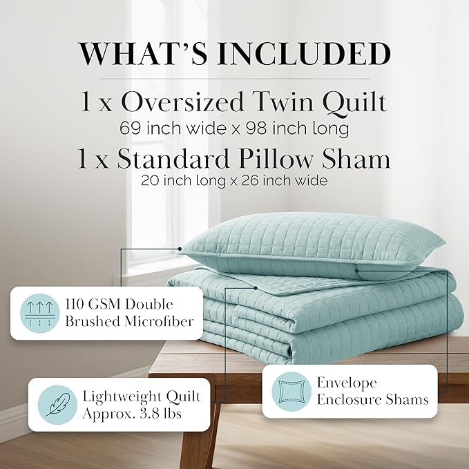 Southshore Fine Living, Inc. Twin Quilt Bedding Set, Soft Microfiber Coverlet Bedspread, Stain and Pet Hair Resistant Bedding, XL/Twin Blue Quilt Comforter Set with 1 Pillow Sham, Sky Blue