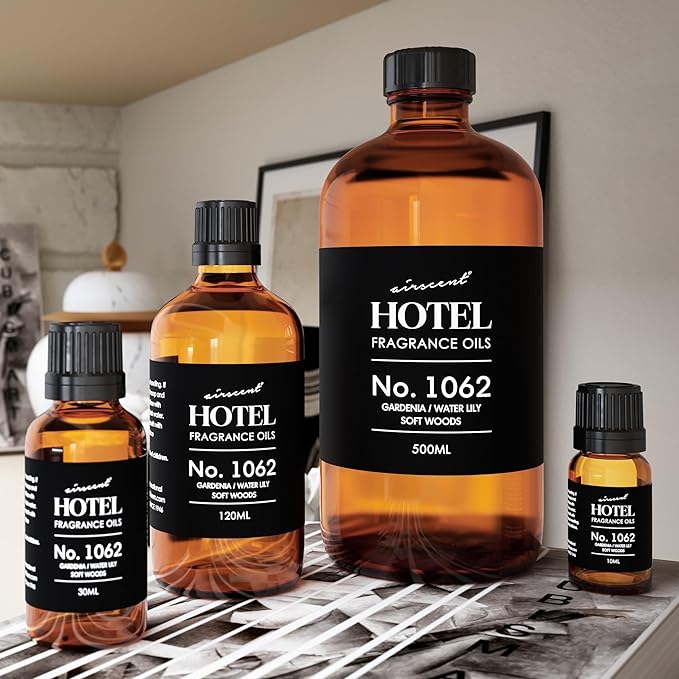 AirScent Hotel Diffuser Oil No. 1062 - Gardenia Water Lily Soft Woods - Premium Fragrance Oil for Ultrasonic and Waterless Diffusers and Crafting - 30 mL, 1 fl oz Glass Dropper Bottle