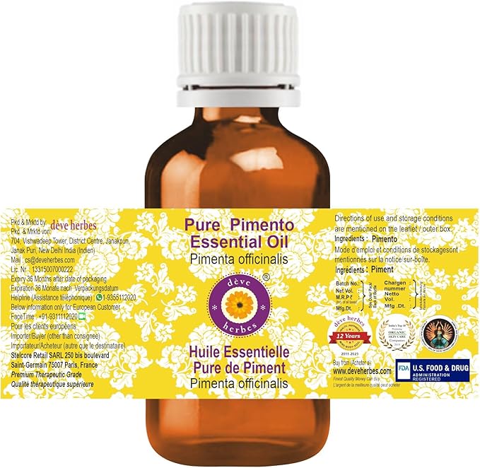 Deve Herbes Pure Pimento Essential Oil (Pimenta officinalis) Steam Distilled (Pack of Two) 100ml X 2 (6.76 oz)