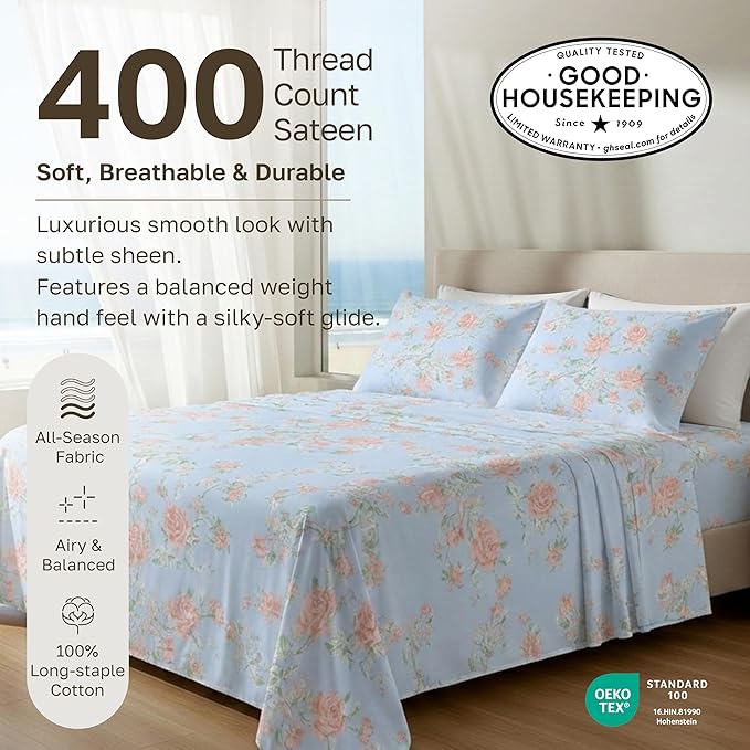 California Design Den Soft 100% Cotton Bed Sheets Twin Size Set, 400 Thread Count Good Housekeeping Award Winner, Smooth Sateen Finish, Cozy and Durable Twin Bedding Set - Floral Blue/Pink