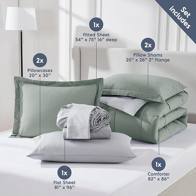 Nestl 9 Piece Full Comforter Set – Sage Green Reversible Bed in a Bag – Complete Full Size Bedding Set with Sheets, Set of 2 Down Alternative Pillows, Pillowcases and Shams