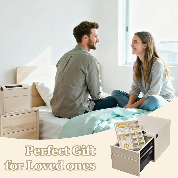 Jewelry Safe with Drawers，Biometric Fingerprint safe, Slide-Away Handgun Safe for Pistols, Leather Wrapped Jewelry Storage Safe, Digital Keypad & Quick-Access Drawer(White- 2 Drawer)