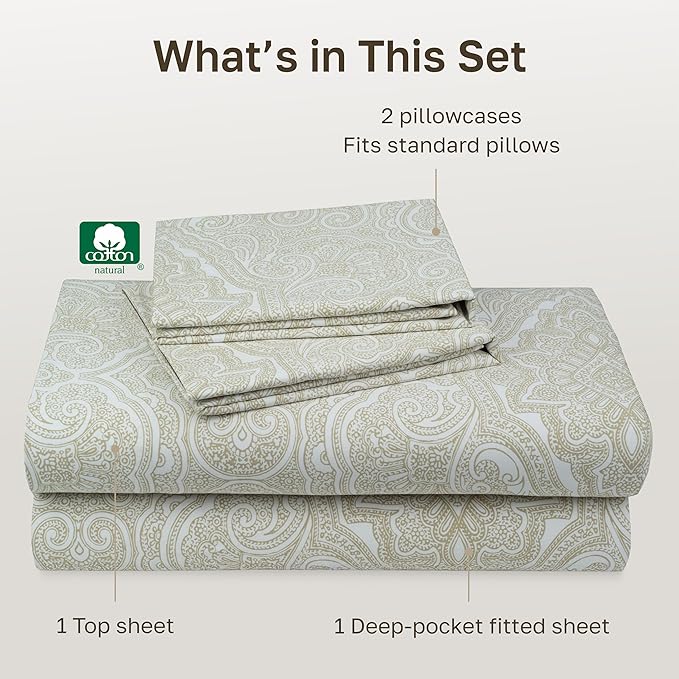California Design Den Soft 100% Cotton Sheets Queen Size, 400 TC Good Housekeeping Award Winner, Smooth Sateen Finish with Deep Pockets, Cozy and Durable Cotton Bedding Set - Paisley Beige