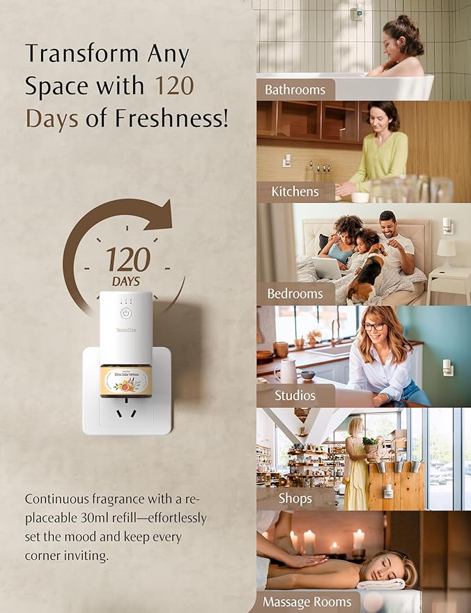 Essential Oil Diffuser for Home, Waterless Aromatherapy Diffuser SF101, Plug in Room Scent with 120-Day Natural Aroma, Covers 1000 Sq Ft – Free 30ml Pine