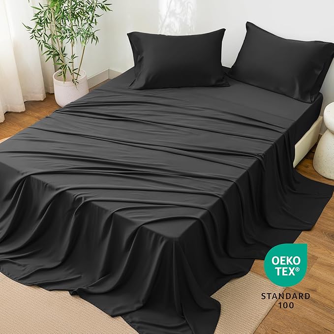 Love's cabin 4 Piece King Size Sheet Set, 100% Rayon Derived from Bamboo, Cooling & Breathable, Soft Silky Deep Pocket up to 16", Hotel Luxury Bedding for Hot Sleepers, Black