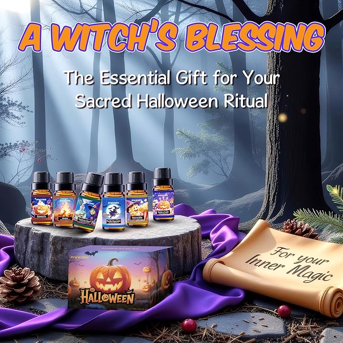 Halloween Fragrance Oils, Premium Essential Oils for Diffuser, Scented Oils for Candle & Soap Making - Pumpkin Pie, Fresh Cut Wood, Bonfire, Rainbow Candy, Pacific Pepermint, Buttered Bliss