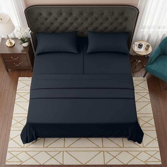 Elegant Comfort Luxurious 1500 Premium Hotel Quality Microfiber Three Line Embroidered Softest 5-Piece Bed Sheet Set, Wrinkle and Fade Resistant, Split King, Black